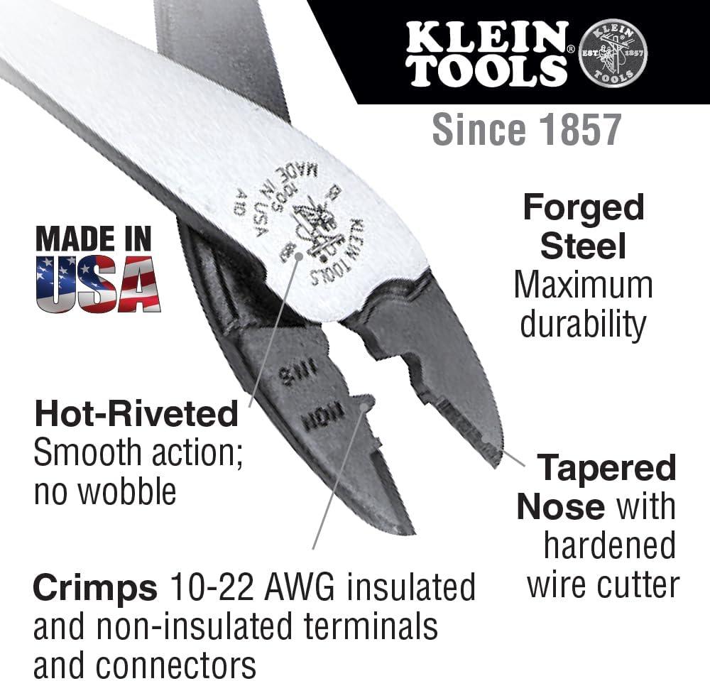 imageKlein Tools 1005 Cutting  Crimping Tool Made in USA Cutter  Crimper for 1022 AWG Terminals and Connectors Terminal Crimper for Insulated and NonInsulated TerminalsCrimperCutter