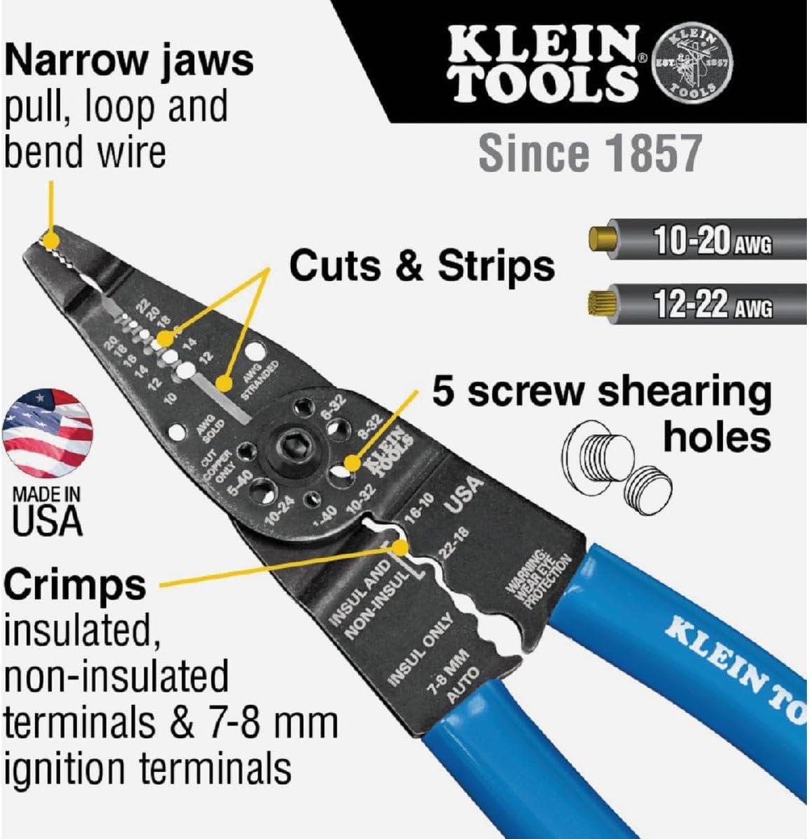 imageKlein Tools 1010 Multi Tool Long Nose Wire Cutter Made in USA Wire Crimper Stripper and Bolt Cutter MultiPurpose Electrician Tool 8Inch Long