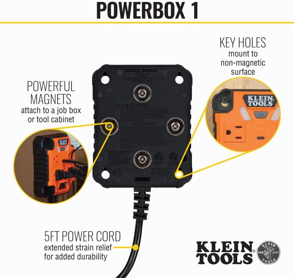 imageKlein Tools 29601 Magnetic Power Strip with Surge Protector Extension Cord 4 Outlets 3 USB Ports 5Foot Cord Power Supply Box with Light PowerBox 1 Heavy DutyPowerBox