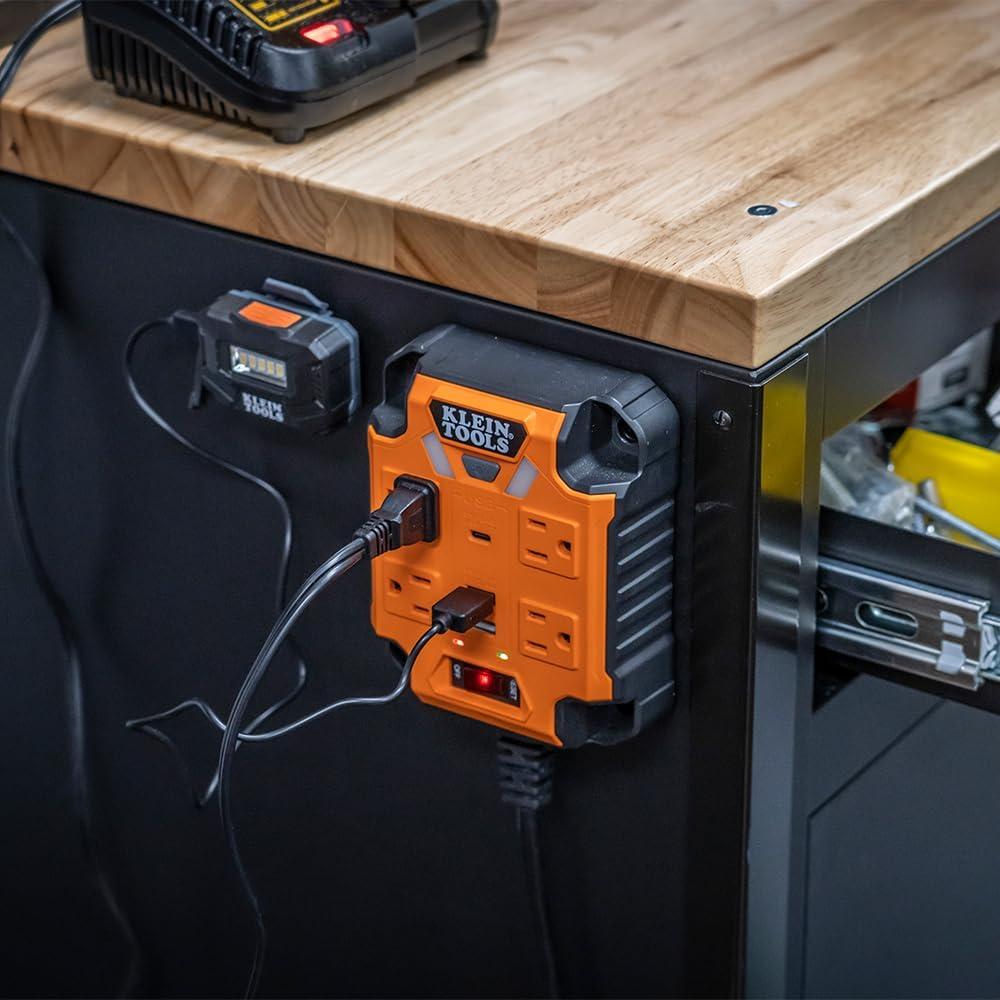 imageKlein Tools 29601 Magnetic Power Strip with Surge Protector Extension Cord 4 Outlets 3 USB Ports 5Foot Cord Power Supply Box with Light PowerBox 1 Heavy DutyPowerBox