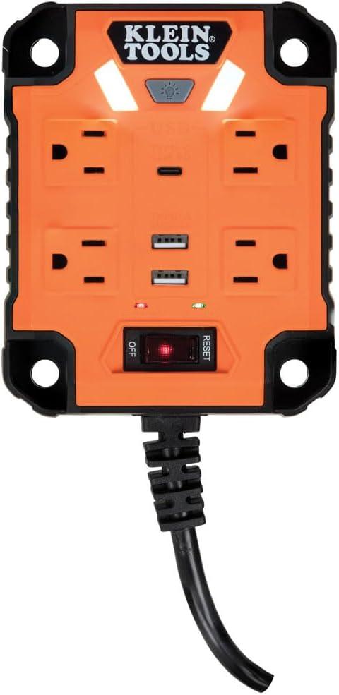 imageKlein Tools 29601 Magnetic Power Strip with Surge Protector Extension Cord 4 Outlets 3 USB Ports 5Foot Cord Power Supply Box with Light PowerBox 1 Heavy DutyPowerBox
