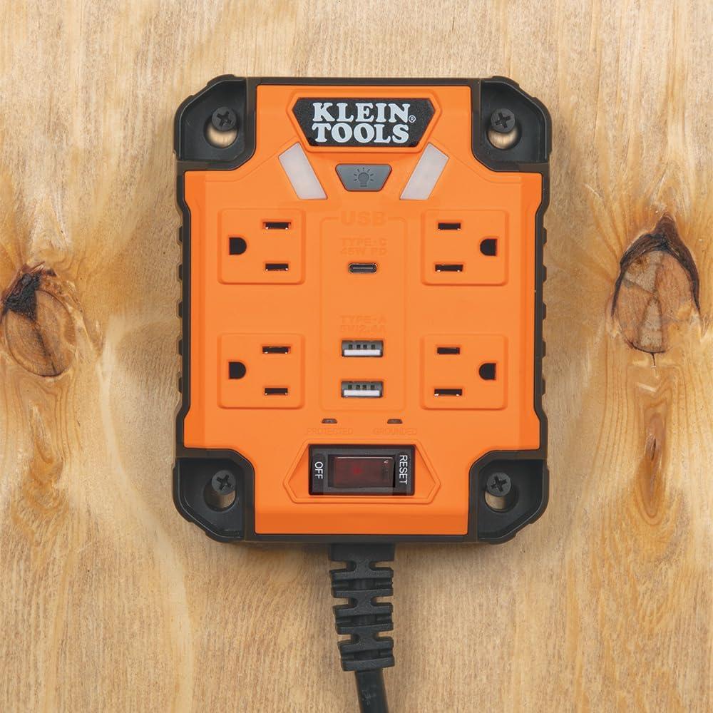 imageKlein Tools 29601 Magnetic Power Strip with Surge Protector Extension Cord 4 Outlets 3 USB Ports 5Foot Cord Power Supply Box with Light PowerBox 1 Heavy DutyPowerBox