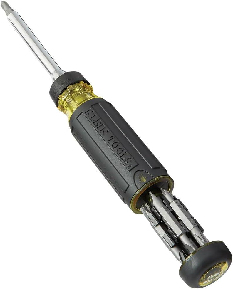 imageKlein Tools 32305 Multibit Ratcheting Screwdriver 15in1 Tool with Phillips Slotted Square Torx and Combo Bits and 14Inch Nut Driver