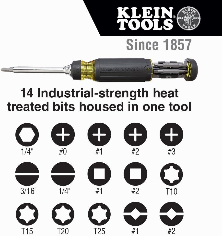 imageKlein Tools 32305 Multibit Ratcheting Screwdriver 15in1 Tool with Phillips Slotted Square Torx and Combo Bits and 14Inch Nut Driver