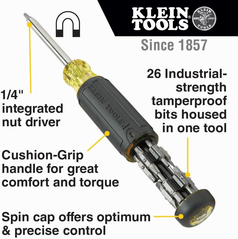 imageKlein Tools 32307 Multibit Tamperproof Screwdriver 27in1 Tool with Torx Hex Torq and Spanner Bits with 14Inch Nut DriverScrewdriver