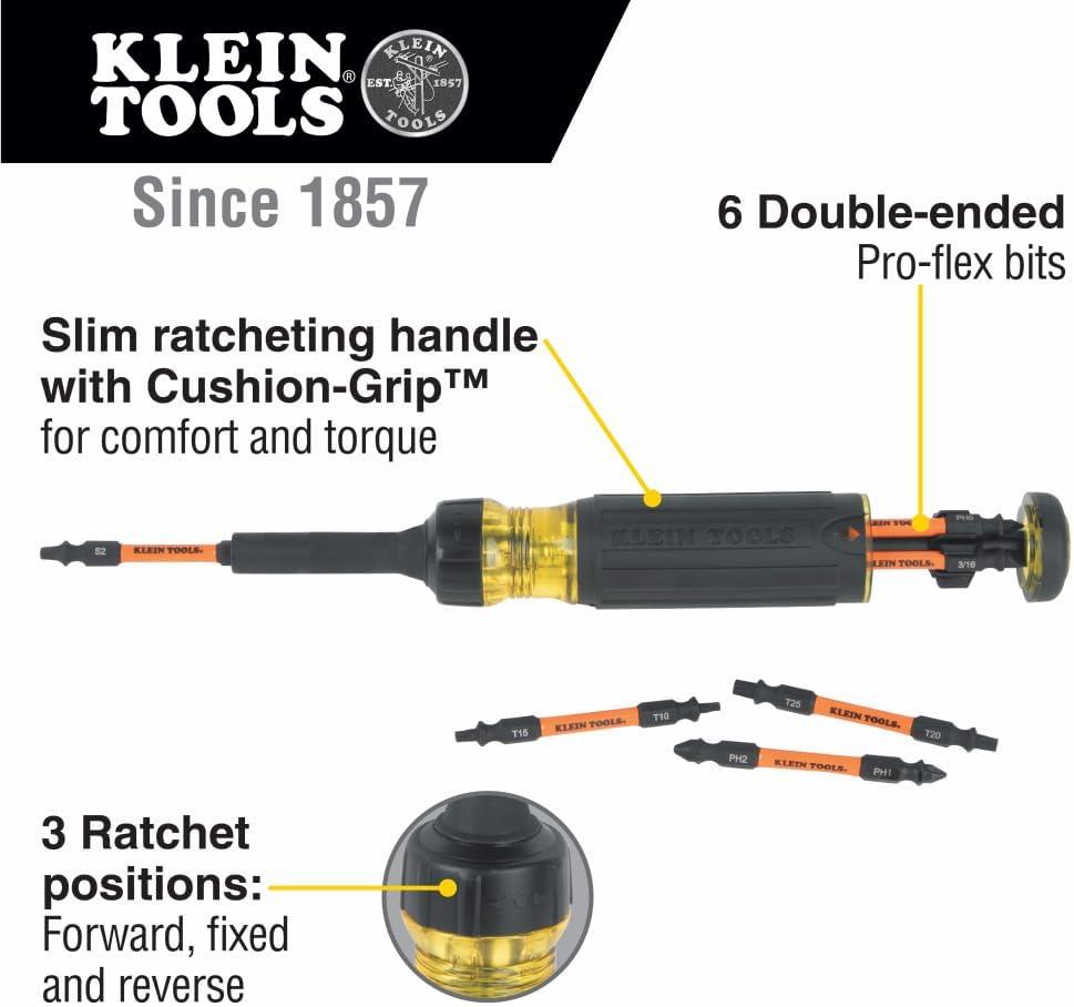 imageKlein Tools 32313HD 13in1 Multibit Ratcheting Screwdriver DoubleEnded Impact Bit Set 12 Impact Driver Bits and 14Inch Nut Driver