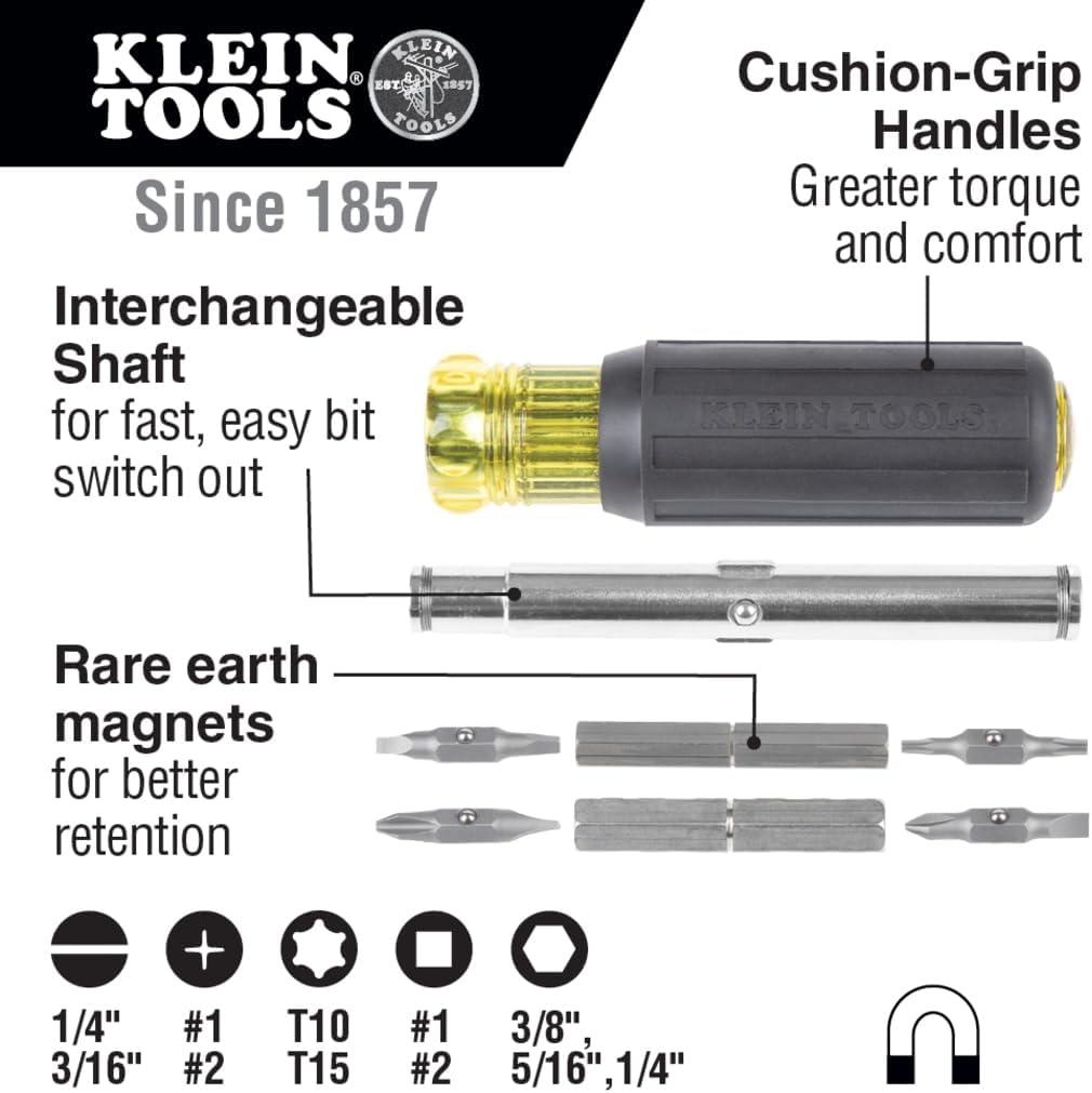 imageKlein Tools 32500MAG Magnetic MultiBit Screwdriver  Nut Driver 11in1 Multi Tool with 8 Bits 3 Nut Driver Sizes Cushion Grip Handle3Piece Kit