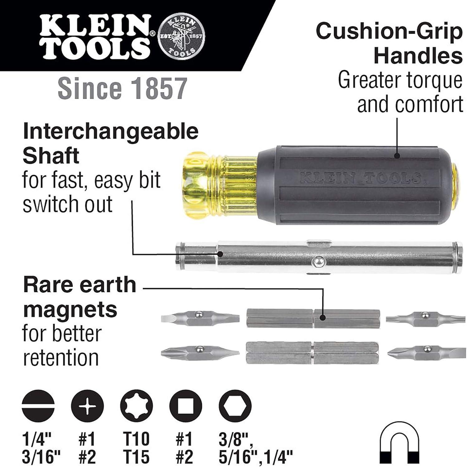 imageKlein Tools 32500MAG Magnetic MultiBit Screwdriver  Nut Driver 11in1 Multi Tool with 8 Bits 3 Nut Driver Sizes Cushion Grip HandleMagnetic 11in1