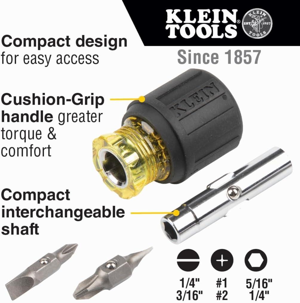 imageKlein Tools 32561 MultiBit Screwdriver  Nut Driver 6in1 Stubby Screwdriver with 2 Phillips 2 Slotted 2 Nut Drivers6in1 Stubby