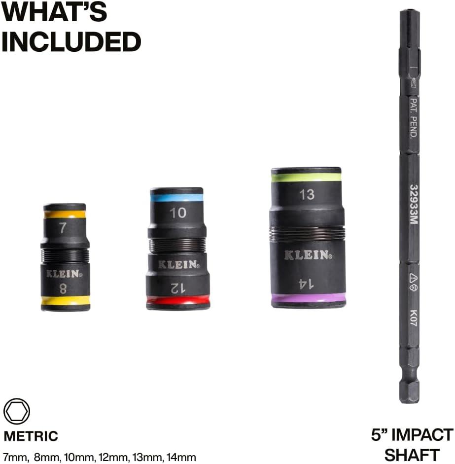 imageKlein Tools 32933M 6in1 Metric Impact Socket Set 3 Flip Sockets with 7 8 10 12 13 and 14 mm Nut Driver Sizes Impact Rated 5Inch Shaft6in1