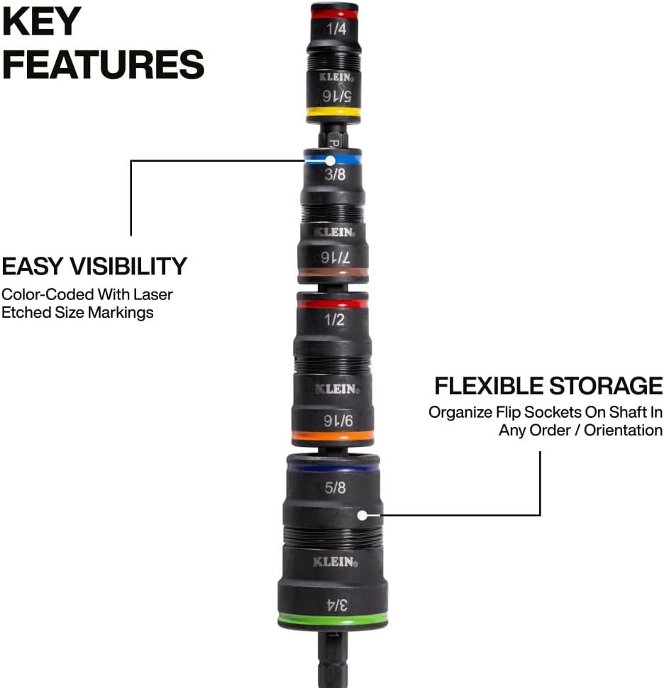 imageKlein Tools 32934 Impact Driver 9in1 SAE Impact Socket Set 4 Flip Sockets with 14 516 38 716 12 916 58 and 34Inch Nut Driver Sizes with Bit Holder 612Inch Shaft9in1 SAE