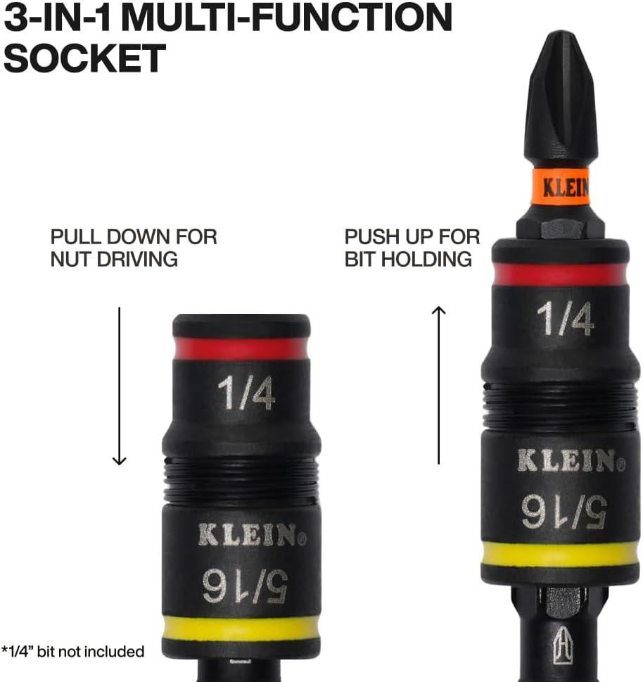 imageKlein Tools 32934 Impact Driver 9in1 SAE Impact Socket Set 4 Flip Sockets with 14 516 38 716 12 916 58 and 34Inch Nut Driver Sizes with Bit Holder 612Inch Shaft9in1 SAE