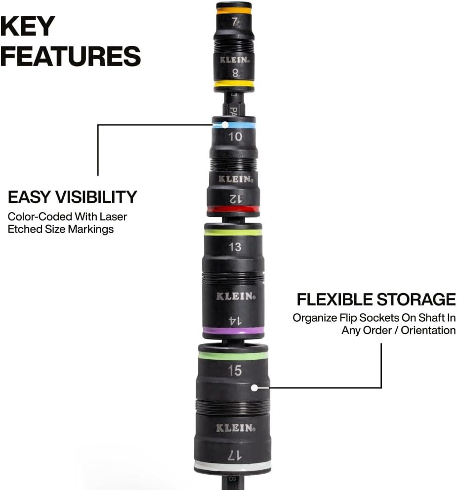 imageKlein Tools 32934 Impact Driver 9in1 SAE Impact Socket Set 4 Flip Sockets with 14 516 38 716 12 916 58 and 34Inch Nut Driver Sizes with Bit Holder 612Inch Shaft8in1 Metric