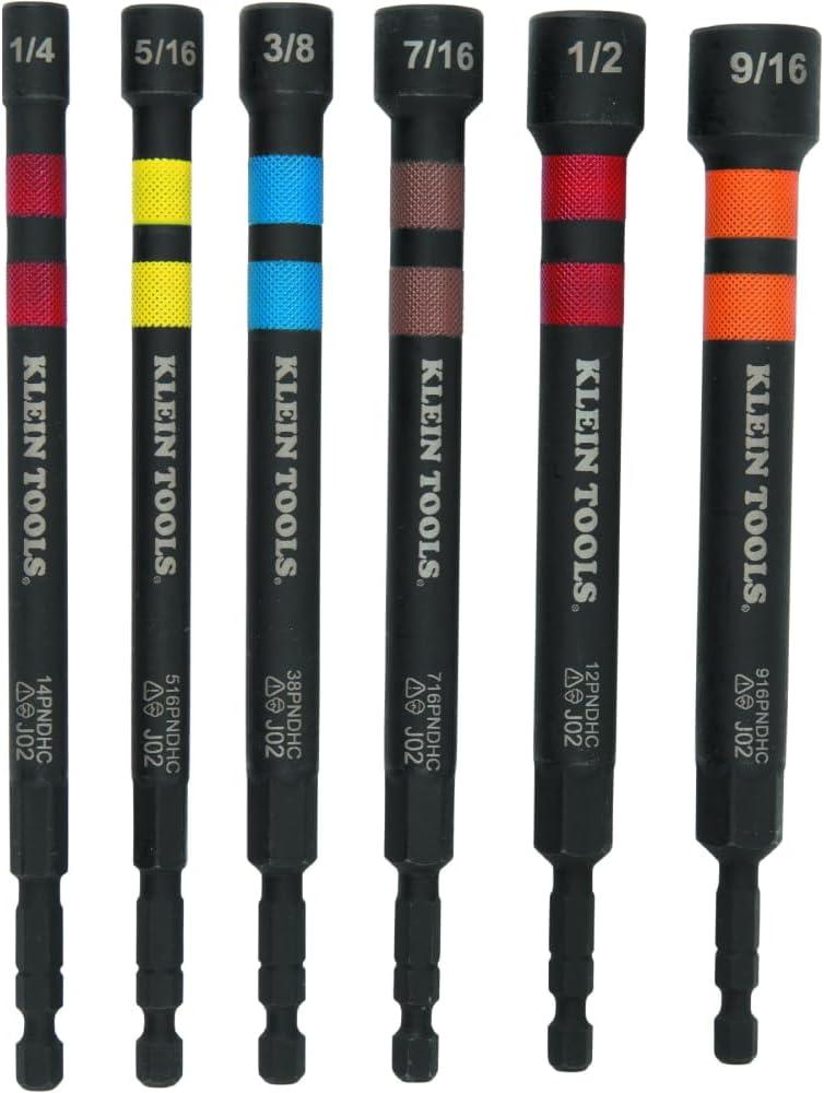 imageKlein Tools 32950 Ratcheting Impact Rated Hollow Power Nut Driver Set with Handle Magnetic Color Coded 6 SAE Hex Sizes and Handle Included