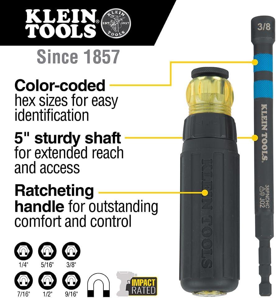imageKlein Tools 32950 Ratcheting Impact Rated Hollow Power Nut Driver Set with Handle Magnetic Color Coded 6 SAE Hex Sizes and Handle Included