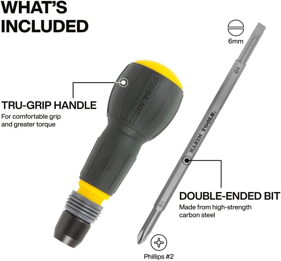 imageKlein Tools 32960A Fastbit TruGrip Screwdriver BallStyle Handle with QuickRelease Collar 2 Phillips and 6 mm Slotted DoubleEnded Bit 14Inch Bit Compatible
