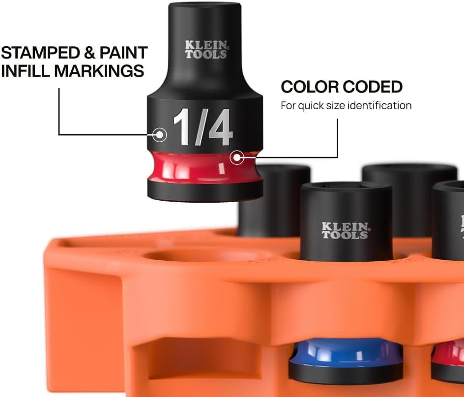 imageKlein Tools 33808 GrabAndGo Impact Socket Set SAE 7Piece Set with Sleeve Carabiner and 38Inch Drive ColorCoded 14 516 38 716 12 and 916Inch Sockets10Piece