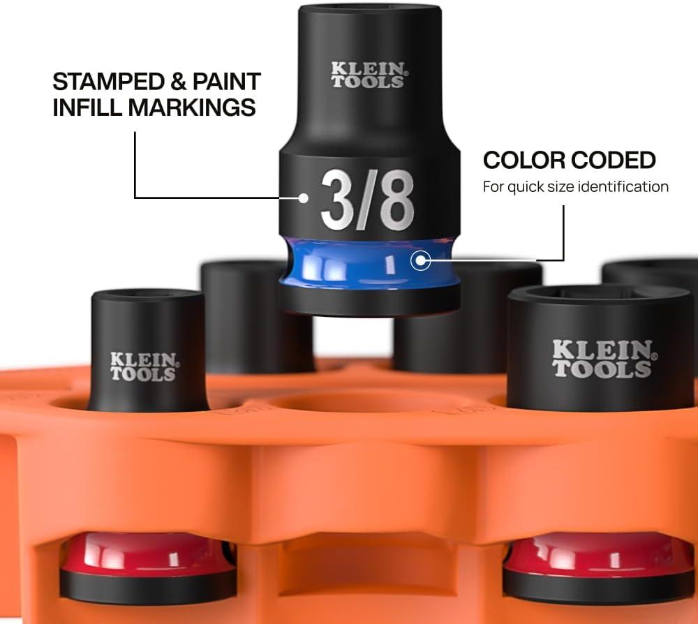 imageKlein Tools 33808 GrabAndGo Impact Socket Set SAE 7Piece Set with Sleeve Carabiner and 38Inch Drive ColorCoded 14 516 38 716 12 and 916Inch Sockets7Piece