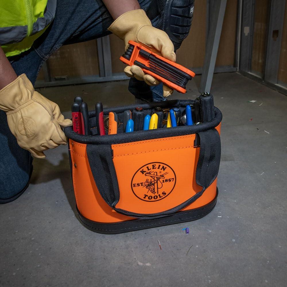 imageKlein Tools 5144BHB14OS HardBody Bucket Aerial Oval Tool Bucket with Drain Holes 29 PocketsOrangeBlack