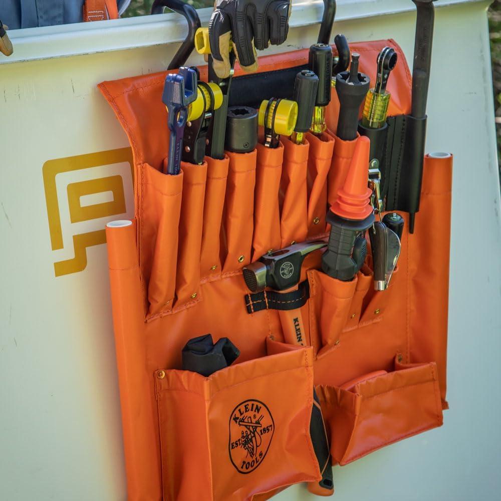 imageKlein Tools 51828 Tool Apron Made in USA 18Inch Aerial Apron with 8 Pockets and Tool Pouches Loops and Hooks in HiViz OrangeWith Magnet