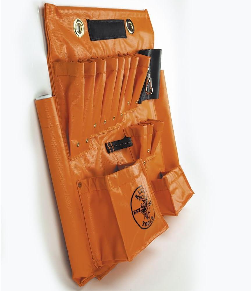 imageKlein Tools 51828 Tool Apron Made in USA 18Inch Aerial Apron with 8 Pockets and Tool Pouches Loops and Hooks in HiViz OrangeWith Magnet