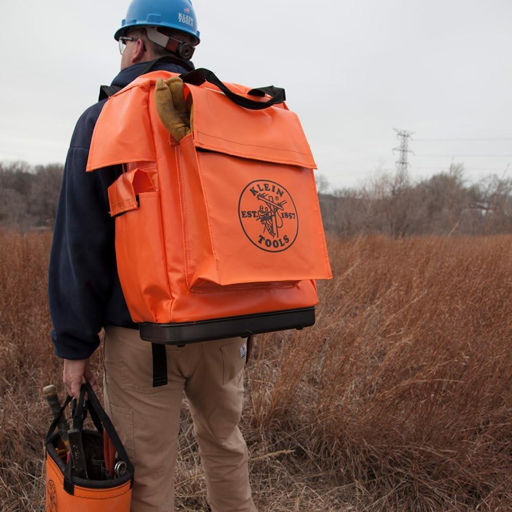 imageKlein Tools 5185ORA Tool Bag Backpack Made in USA Lineman Backpack Adjustable Padded Shoulder Straps DoubleStitched Bottom with Drain Holes Orange