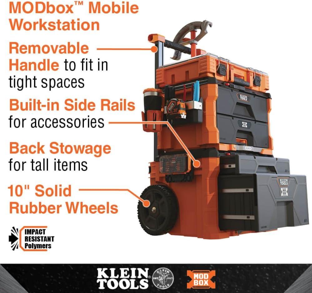 imageKlein Tools 54802MB MODbox Rolling Tool Box Heavy Duty Portable Tool Organizer with Side Mounting 10Inch Rubber Wheels Removable Handle Deep Stackable SetTwo Drawer Rolling Toolbox