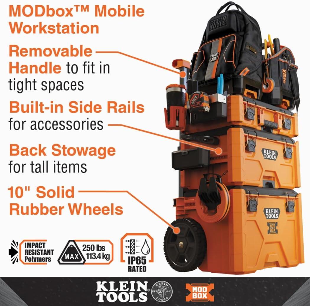 imageKlein Tools 54802MB MODbox Rolling Tool Box Heavy Duty Portable Tool Organizer with Side Mounting 10Inch Rubber Wheels Removable Handle Deep Stackable SetOne Drawer Rolling Toolbox