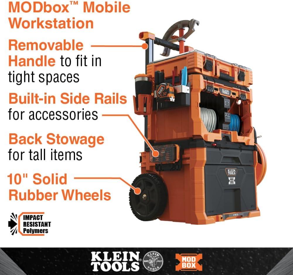 imageKlein Tools 54802MB MODbox Rolling Tool Box Heavy Duty Portable Tool Organizer with Side Mounting 10Inch Rubber Wheels Removable Handle Deep Stackable SetWire Spool Dispenser