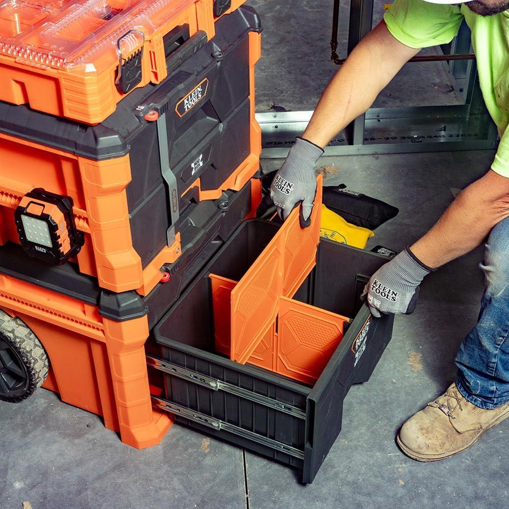 imageKlein Tools 54802MB MODbox Rolling Tool Box Heavy Duty Portable Tool Organizer with Side Mounting 10Inch Rubber Wheels Removable Handle Deep Stackable SetTwo Drawer Rolling Toolbox
