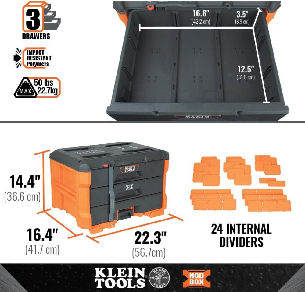 imageKlein Tools 54823MB MODbox 3Drawer Tool Box Organizer HeavyDuty Tool Storage Stackable Module 50Pound Capacity3Drawer