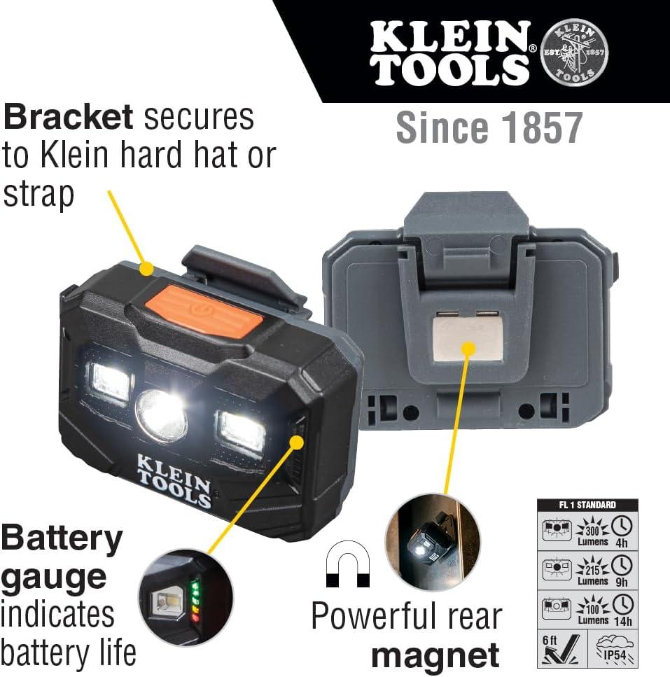imageKlein Tools 56062 Rechargeable LED Headlamp  Worklight for Klein Hardhats 300 Lumens AllDay Runtime 3 Modes for Work and OutdoorsHeadlamp