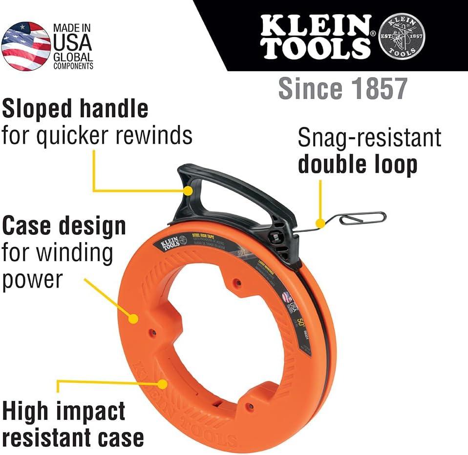 imageKlein Tools 56331 50Foot Electrical Fish Tape Steel Wire Puller with Double Loop Tip Optimized Housing and Handle 18Inch