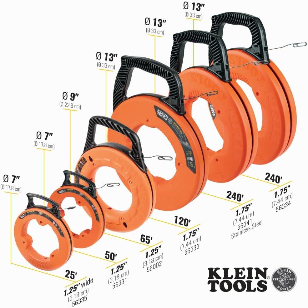 imageKlein Tools 56331 50Foot Electrical Fish Tape Steel Wire Puller with Double Loop Tip Optimized Housing and Handle 18Inch