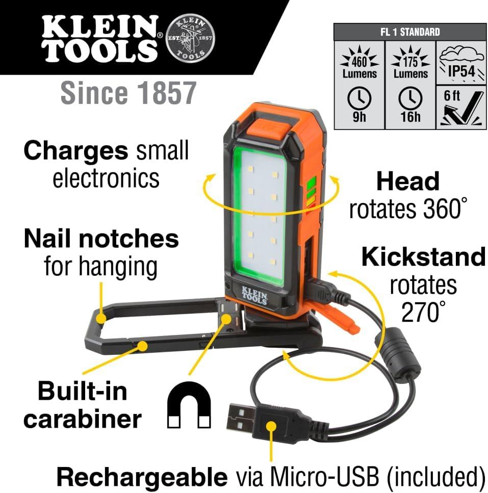 imageKlein Tools 56403 LED Light Rechargeable Flashlight  Worklight with Kickstand Magnetic Mount and Carabiner Charges Small Electronics for Work CampingLED Light