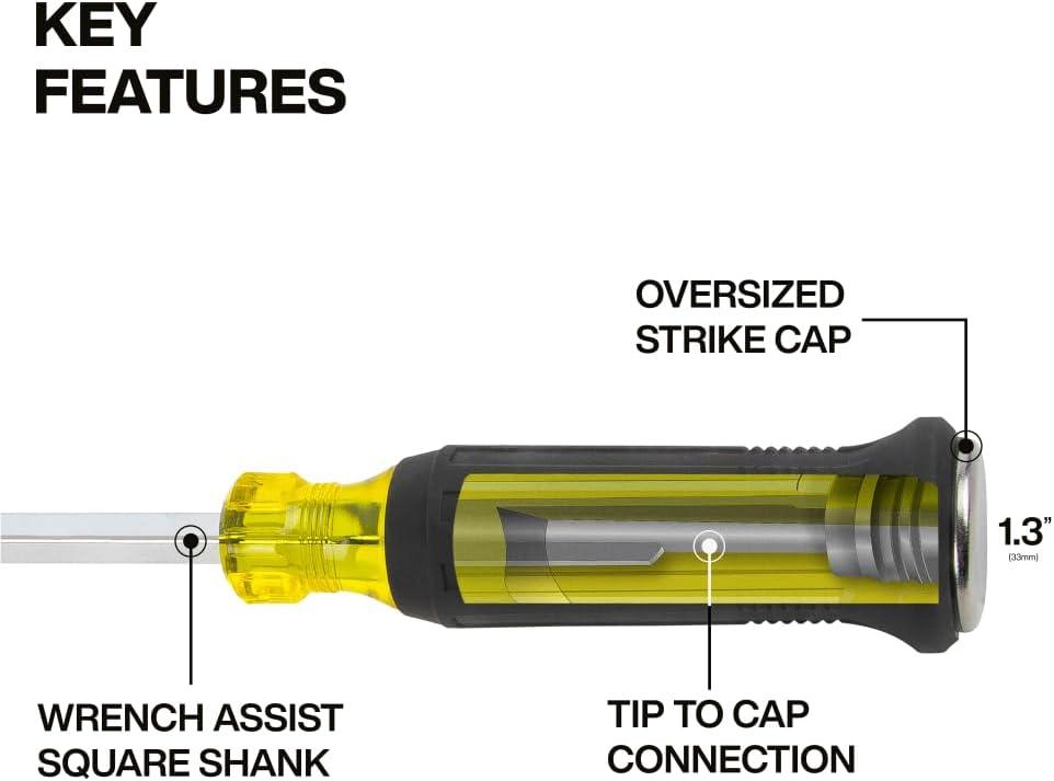 imageKlein Tools 6007DD 516Inch Keystone Demolition Driver 7Inch Blade Steel TiptoCap Construction CushionGrip Handle Oversized Strike Cap Square Shank with Wrench Assist14 Demolition Driver