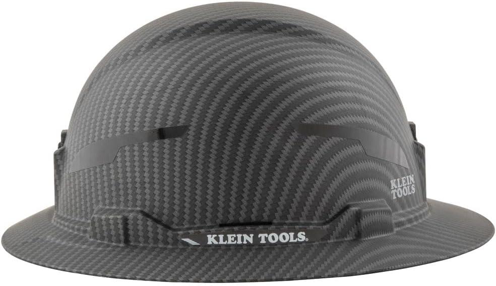 imageKlein Tools 60346 Hard Hat NonVented Full Brim Class E Premium KARBN Pattern Rechargeable Lamp Padded SweatWicking Sweatband Top PadHard Hat