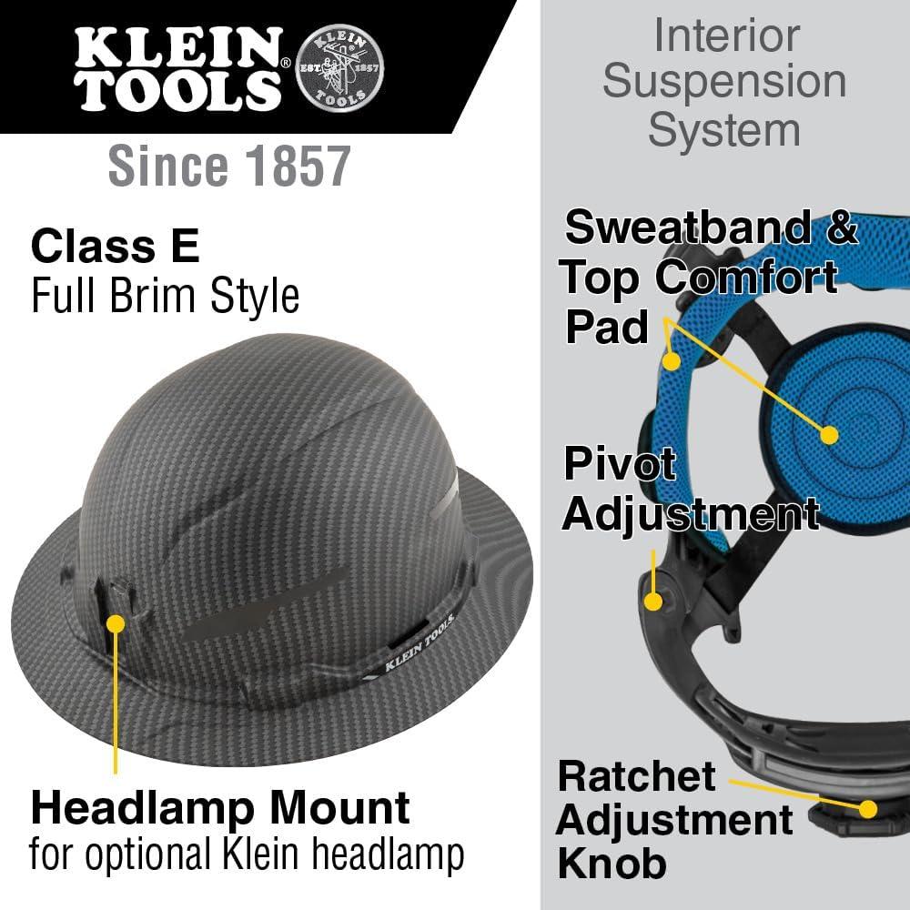 imageKlein Tools 60346 Hard Hat NonVented Full Brim Class E Premium KARBN Pattern Rechargeable Lamp Padded SweatWicking Sweatband Top PadHard Hat