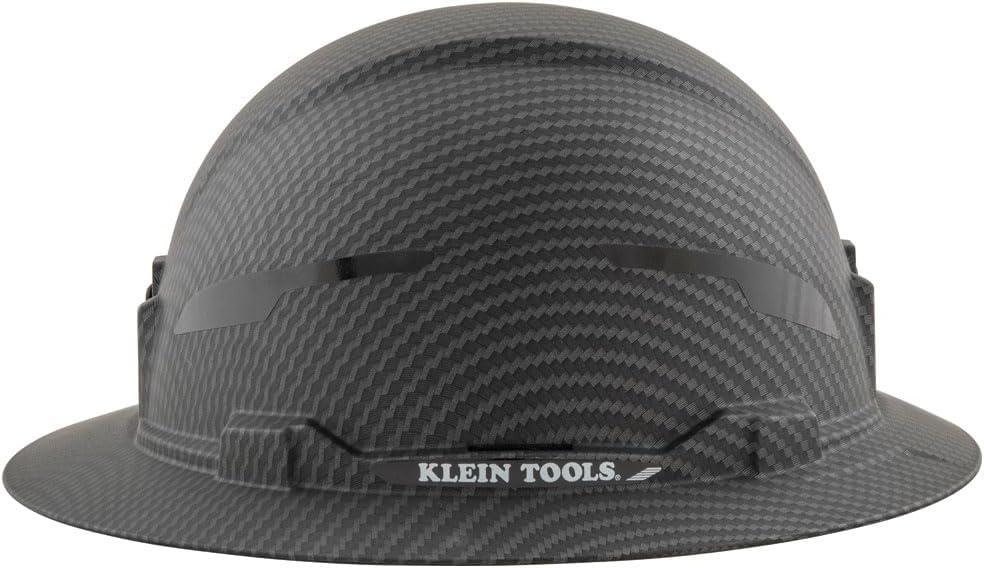 imageKlein Tools 60346 Hard Hat NonVented Full Brim Class E Premium KARBN Pattern Rechargeable Lamp Padded SweatWicking Sweatband Top PadHard Hat