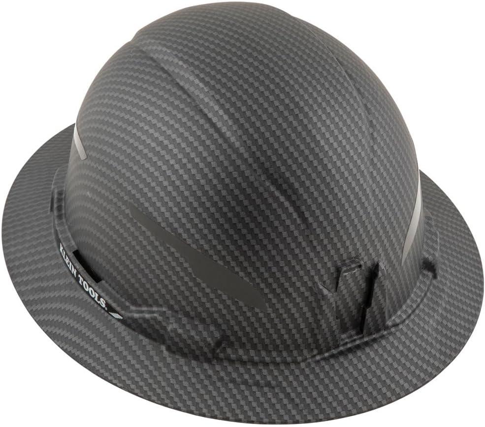 imageKlein Tools 60346 Hard Hat NonVented Full Brim Class E Premium KARBN Pattern Rechargeable Lamp Padded SweatWicking Sweatband Top PadHard Hat