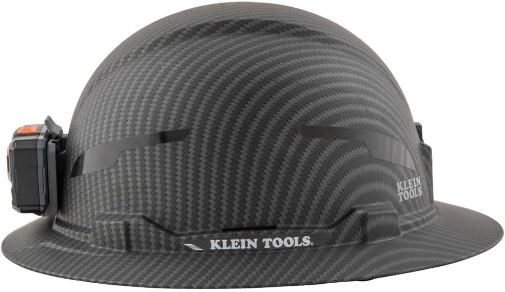 imageKlein Tools 60346 Hard Hat NonVented Full Brim Class E Premium KARBN Pattern Rechargeable Lamp Padded SweatWicking Sweatband Top PadHard Hat wRechargeable Light