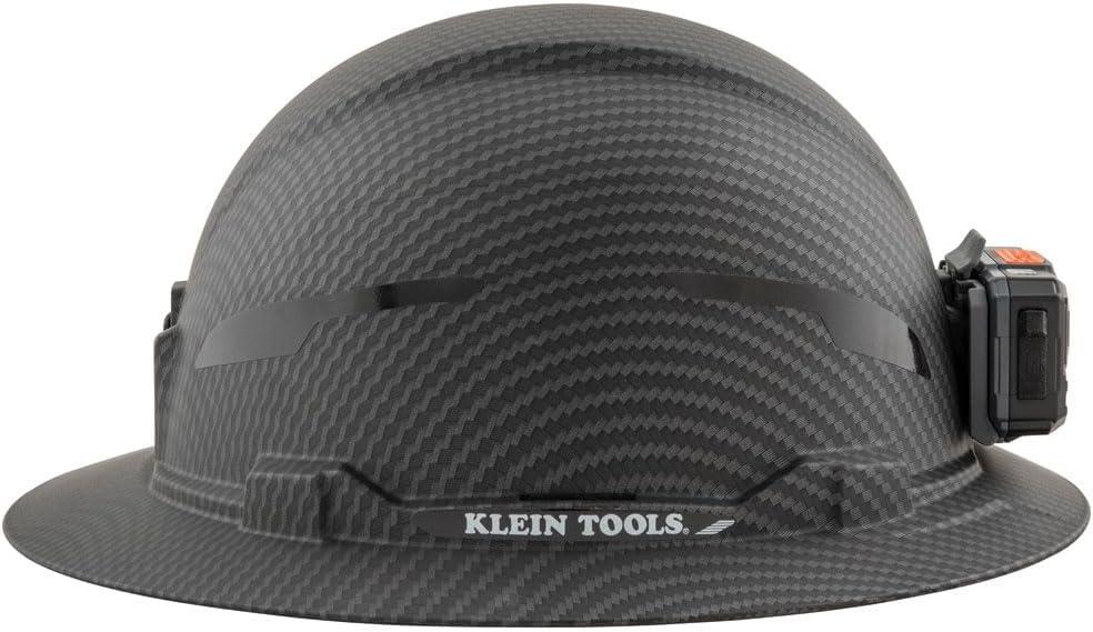 imageKlein Tools 60346 Hard Hat NonVented Full Brim Class E Premium KARBN Pattern Rechargeable Lamp Padded SweatWicking Sweatband Top PadHard Hat wRechargeable Light