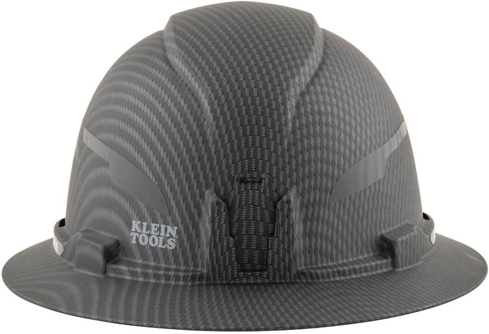 imageKlein Tools 60346 Hard Hat NonVented Full Brim Class E Premium KARBN Pattern Rechargeable Lamp Padded SweatWicking Sweatband Top PadHard Hat wRechargeable Light