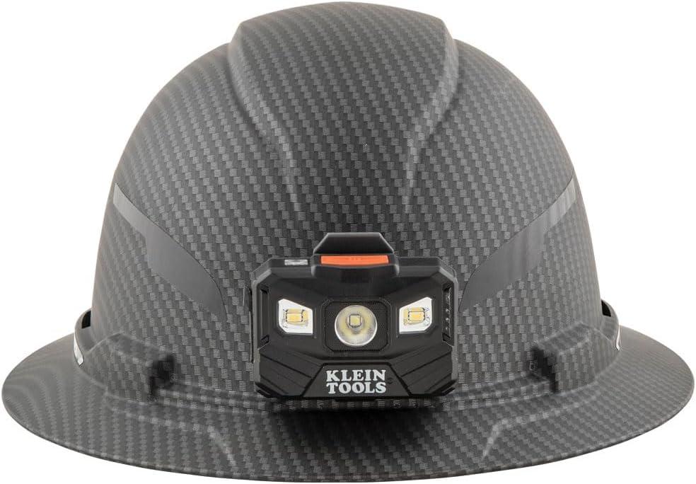 imageKlein Tools 60346 Hard Hat NonVented Full Brim Class E Premium KARBN Pattern Rechargeable Lamp Padded SweatWicking Sweatband Top PadHard Hat wRechargeable Light