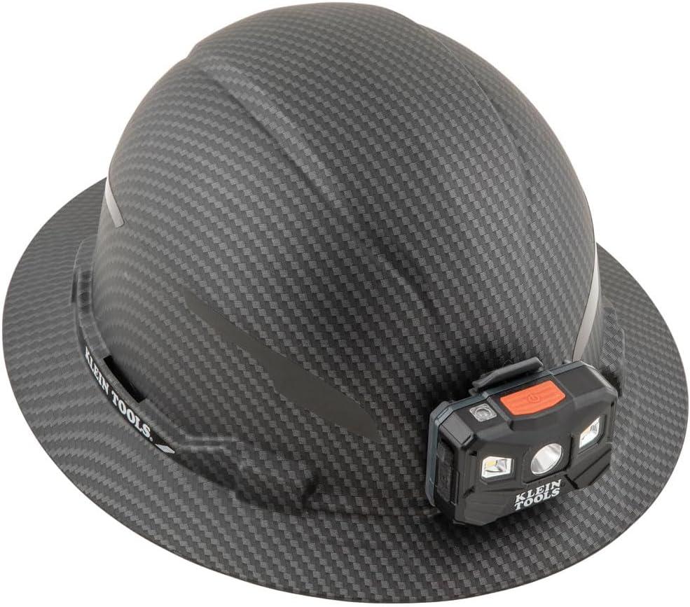 imageKlein Tools 60346 Hard Hat NonVented Full Brim Class E Premium KARBN Pattern Rechargeable Lamp Padded SweatWicking Sweatband Top PadHard Hat wRechargeable Light