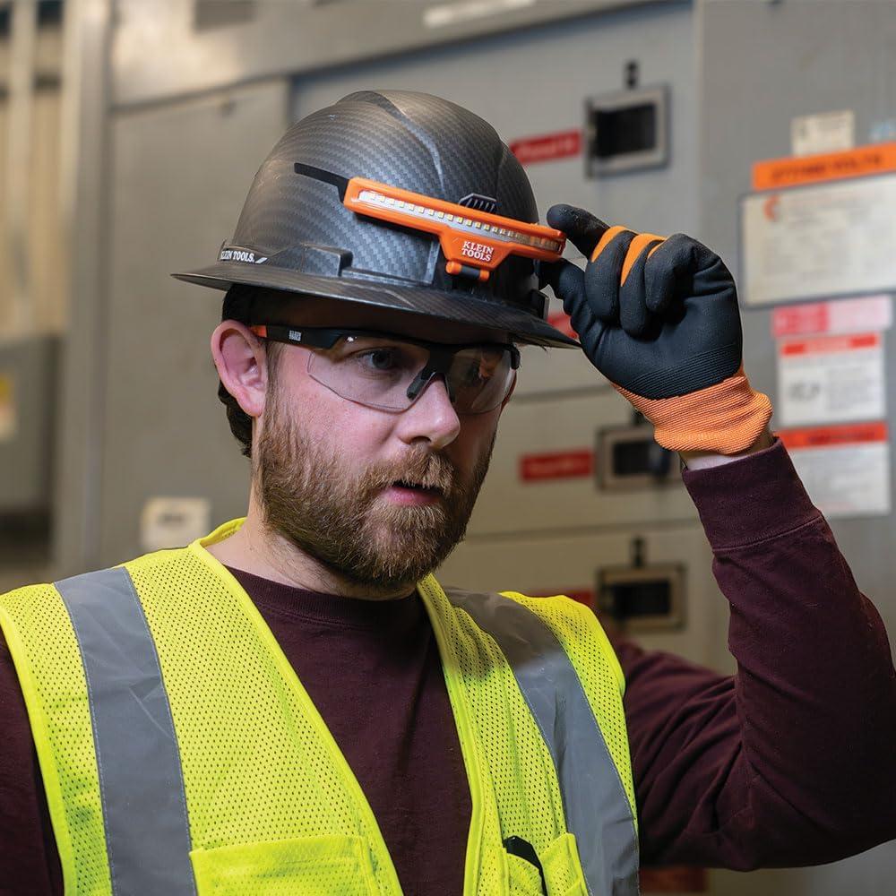 imageKlein Tools 60346 Hard Hat NonVented Full Brim Class E Premium KARBN Pattern Rechargeable Lamp Padded SweatWicking Sweatband Top PadHard Hat wWide Beam Headlamp