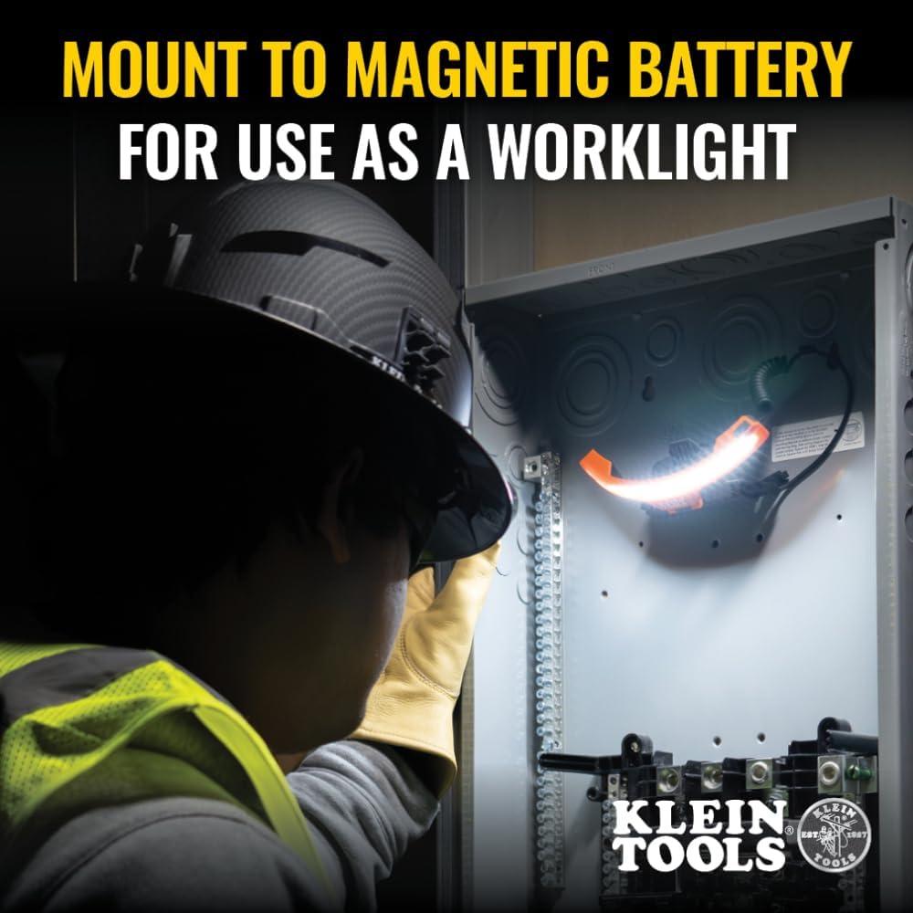 imageKlein Tools 60346 Hard Hat NonVented Full Brim Class E Premium KARBN Pattern Rechargeable Lamp Padded SweatWicking Sweatband Top PadHard Hat wWide Beam Headlamp