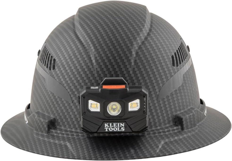 imageKlein Tools 60347 Hard Hat Vented Full Brim Class C Premium KARBN Pattern Rechargeable Lamp Padded SweatWicking Sweatband Top Pad