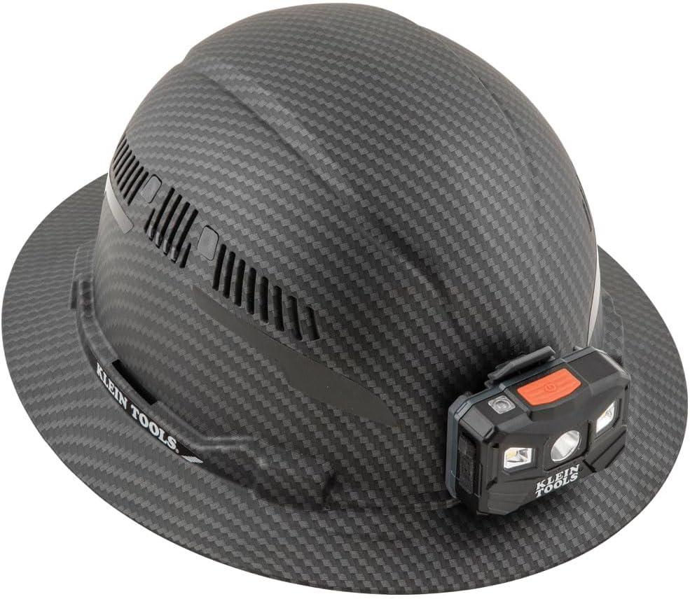 imageKlein Tools 60347 Hard Hat Vented Full Brim Class C Premium KARBN Pattern Rechargeable Lamp Padded SweatWicking Sweatband Top Pad