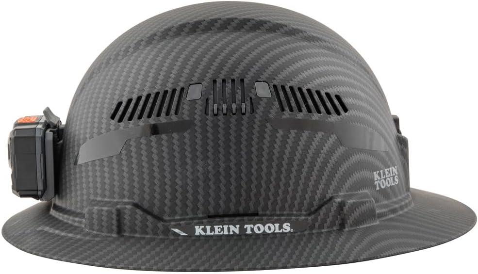 imageKlein Tools 60347 Hard Hat Vented Full Brim Class C Premium KARBN Pattern Rechargeable Lamp Padded SweatWicking Sweatband Top Pad